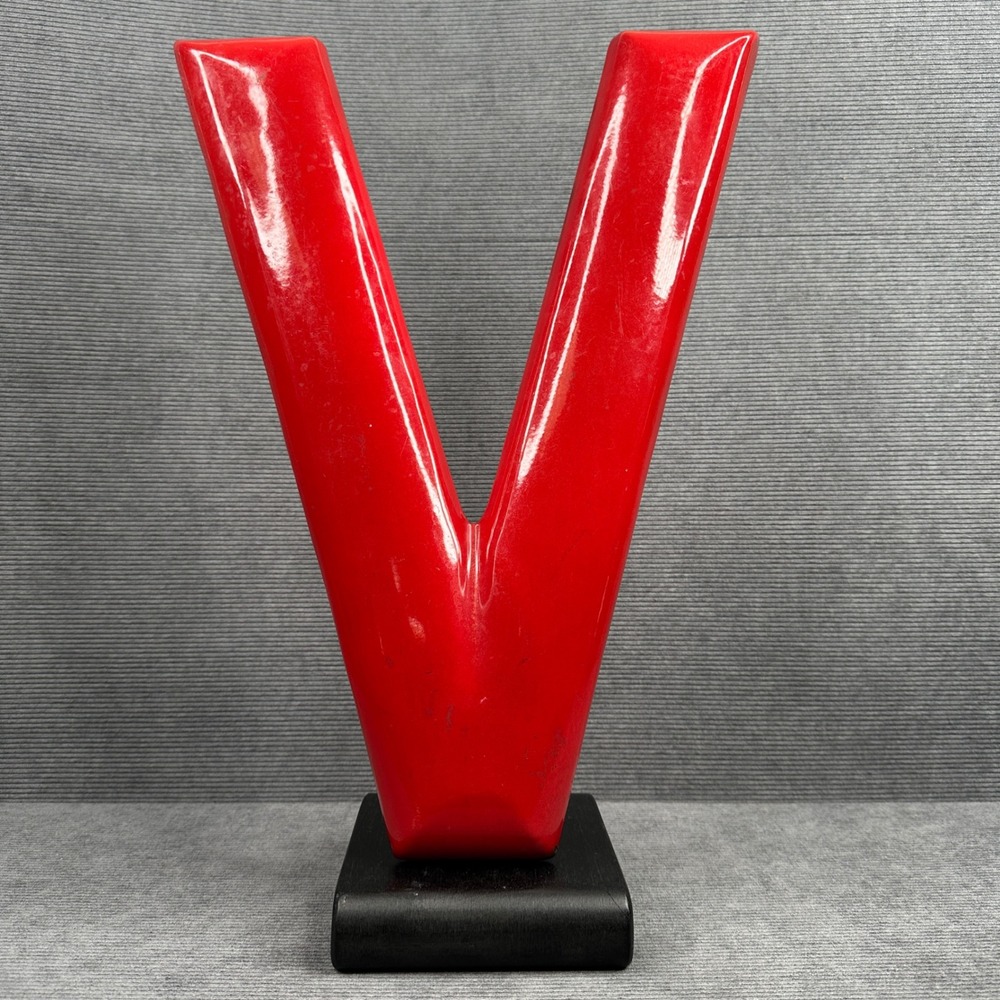 Vintage 16.5 " Tall Red Porcelain Gas Service Station Metal Letter V Sign Old